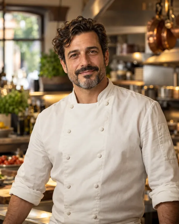 Portrait of a chef in a white jacket standing in the kitchen