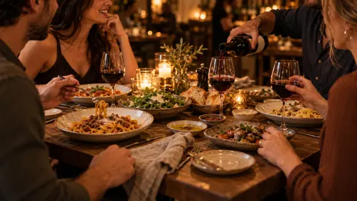 Friends sharing pasta and wine around a candlelit table
