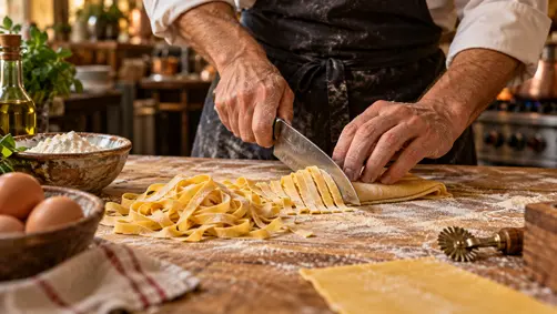 A cook cutting fresh pasta by hand on a floured board