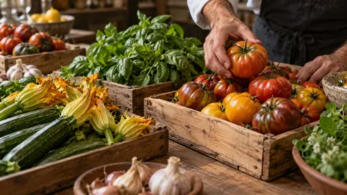 Crates of heirloom tomatoes, zucchini blossoms, basil and garlic