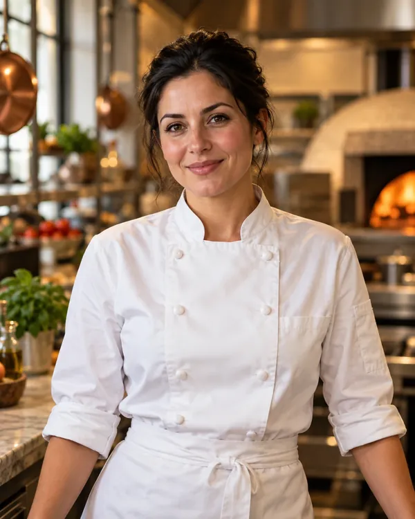 Portrait of a cook in a white chef’s jacket in the kitchen