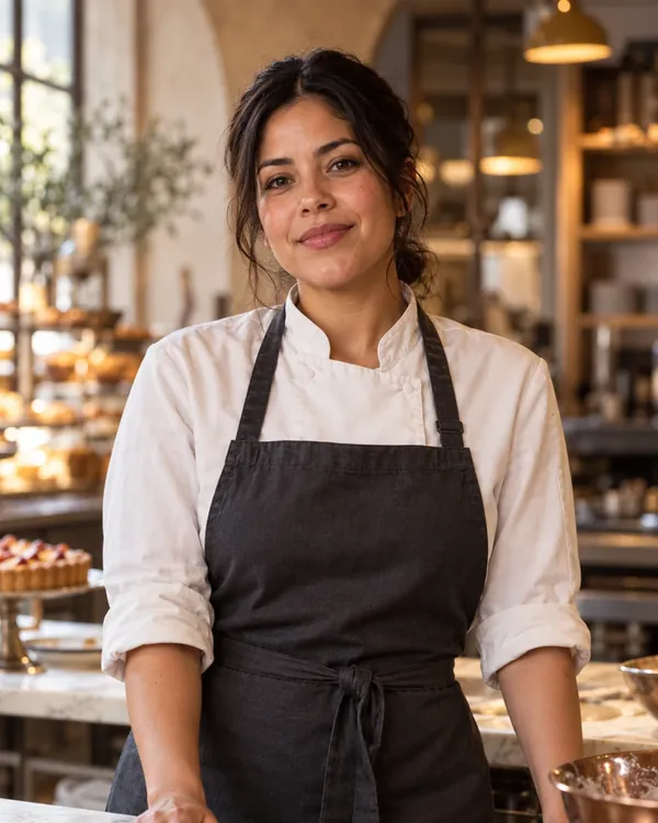 Portrait of a pastry cook in a white shirt and dark apron