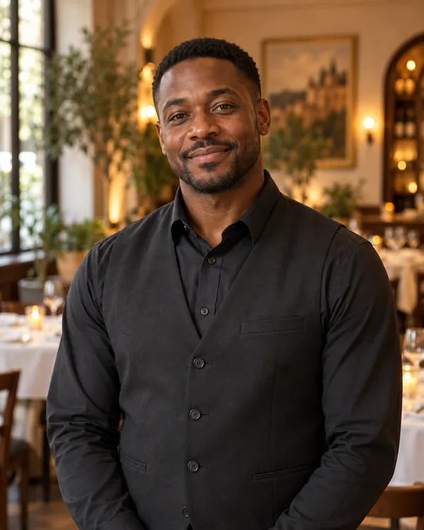 Portrait of a bartender in a dark shirt in the dining room