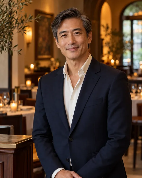 Portrait of a host in a navy suit in the dining room