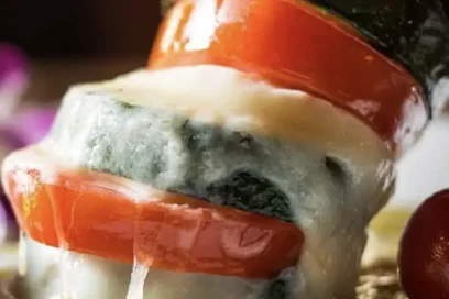 Stacked tomato and melted mozzarella appetizer